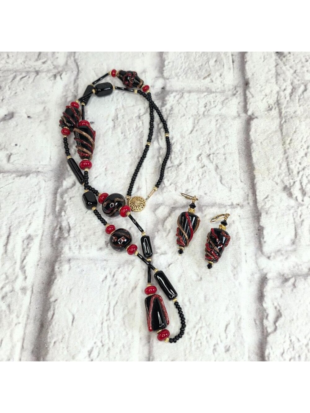 Vintage Glass Necklace & Earrings Set Venetian Murano? Black & Red Dangle